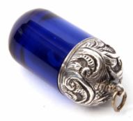 White metal mounted and cobalt blue glass phial, the screw down foliate embossed cover with ring