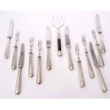 Mixed Lot: comprising 6 each silver handled dessert knives and forks, each with hollow filled