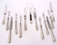 Mixed Lot: comprising 6 each silver handled dessert knives and forks, each with hollow filled