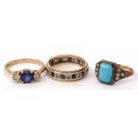 Mixed Lot: 9ct paste set dress ring, blue and white stone eternity ring, together with an Art Deco