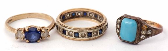 Mixed Lot: 9ct paste set dress ring, blue and white stone eternity ring, together with an Art Deco