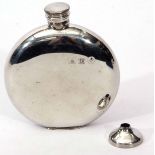 Modern pewter spirit flask of circular form with screw down cover and polished body in its