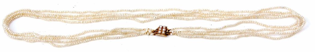 Antique four-strand natural seed pearl necklace, four strands of tiny seed pearls of similar