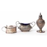 Mixed Lot: comprising an urn shaped pepper caster, two handled open salt and oval lidded mustard