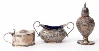 Mixed Lot: comprising an urn shaped pepper caster, two handled open salt and oval lidded mustard