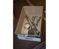 BOX OF MIXED SILVER PLATED WARES, SPOONS, SILVER NAPKIN RING ETC