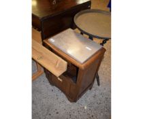 MARBLE TOP OAK FRAMED SIDE CUPBOARD WITH SINGLE DRAWER AND OPEN SHELF OVER PANELLED CUPBOARD DOOR