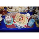 TRAY OF PLATES, MASON’S FRUIT BASKET, DECANTER ETC