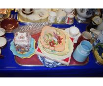 TRAY OF PLATES, MASON’S FRUIT BASKET, DECANTER ETC