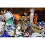 TRAY OF VICTORIAN WASH JUG, TOLEWARE PAINTED CANDLESTICKS, SILVER PLATED FLATWARES ETC