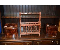 RUSTIC PINE MAGAZINE RACK TOGETHER WITH PAIR OF MAHOGANY TWO DRAWER TABLE TOP CHESTS WITH BUTTON