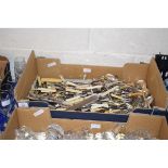 BOX OF MIXED SILVER PLATED WARES, BONE HANDLED KNIVES ETC