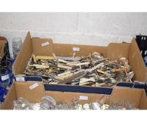 BOX OF MIXED SILVER PLATED WARES, BONE HANDLED KNIVES ETC