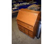 RETRO TEAK BUREAU WITH DROP FRONT WITH SINGLE FULL WIDTH DRAWER OVER TWO PANELLED CUPBOARD DOORS