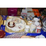 TRAY OF ROYAL COMMEMORATIVE MUGS, POOLE HORS D’OEUVRES DISH ETC