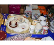 TRAY OF ROYAL COMMEMORATIVE MUGS, POOLE HORS D’OEUVRES DISH ETC