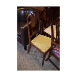 EDWARDIAN MAHOGANY AND SATINWOOD INLAID BEDROOM CHAIR WITH STRIPED UPHOLSTERED SEAT