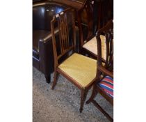 EDWARDIAN MAHOGANY AND SATINWOOD INLAID BEDROOM CHAIR WITH STRIPED UPHOLSTERED SEAT