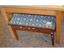 TEAK FRAMED BLUE FLEUR DE LYS UPHOLSTERED TOP STOOL