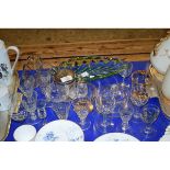 MIXED LOT OF GLASSWARES TO INCLUDE CONICAL GLASSES, LEAF DISH, PRESERVE POT ETC