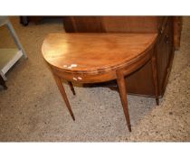 GEORGIAN MAHOGANY AND SATINWOOD INLAID DEMI-LUNE FOLD OVER CARD TABLE WITH GREEN BAIZE INTERIOR ON