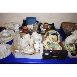 FOUR BOXES OF MIXED CHINA WARES, ROYAL COMMEMORATIVE MUGS, DOULTON HARVEST WARE COMMEMORATION OF