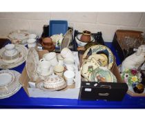 FOUR BOXES OF MIXED CHINA WARES, ROYAL COMMEMORATIVE MUGS, DOULTON HARVEST WARE COMMEMORATION OF