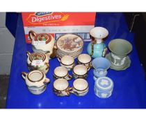 BOX OF SATSUMA TEA SET, WEDGWOOD JASPERWARE VASE ETC