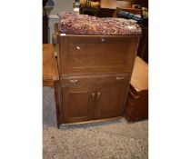 GOOD QUALITY OAK FRAMED DROP FRONTED BUREAU WITH SINGLE DRAWER OVER TWO CUPBOARD DOORS