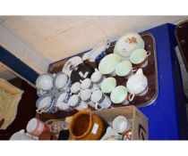 TRAY OF PORTMEIRION GREEK KEY COFFEE CANS, WOODS TEA CUPS AND SAUCERS ETC