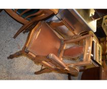 BEECHWOOD FRAMED BROWN REXINE UPHOLSTERED RECLINER ARMCHAIR, OR BARBER’S TYPE CHAIR, WITH TURNED