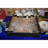 BOX OF MIXED GLASS WARES, DECANTERS ETC