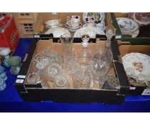 BOX OF MIXED GLASS WARES, DECANTERS ETC