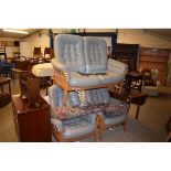 GREY REXINE UPHOLSTERED THREE PIECE SUITE WITH BUTTON BACK SEAT AND ARMS COMPRISING A TWO-SEATER