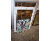 GROUP OF MIXED SILVER FRAMED MIRROR, WHITE PAINTED MIRROR AND MODERN STAINED GLASS PANEL OF A
