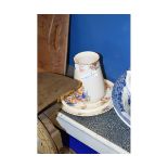 VICTORIAN COTTAGE AND FLORAL PRINTED BRUSH POT, A FURTHER DISH AND TEA POT STAND