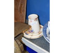 VICTORIAN COTTAGE AND FLORAL PRINTED BRUSH POT, A FURTHER DISH AND TEA POT STAND