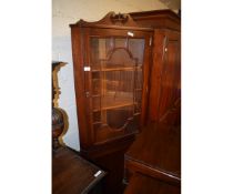 MAHOGANY FRAMED FLOOR STANDING CORNER CUPBOARD WITH ASTRAGAL GLAZED DOOR WITH SWAN NECK PEDIMENT