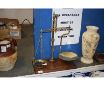 19TH CENTURY BRASS SET OF BEAM SCALES ON A MAHOGANY PLINTH