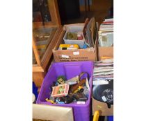 TWO BOXES OF MIXED DIE-CAST PLAY WORN TOYS, TINS ETC