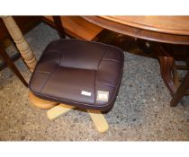 BROWN LEATHERETTE TOP LAZYBOY TYPE STOOL ON A BEECHWOOD QUATREFOIL BASE