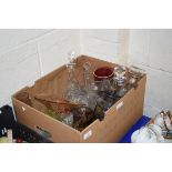 BOX OF GLASS WARES, DECANTERS, BOWLS ETC