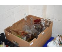 BOX OF GLASS WARES, DECANTERS, BOWLS ETC