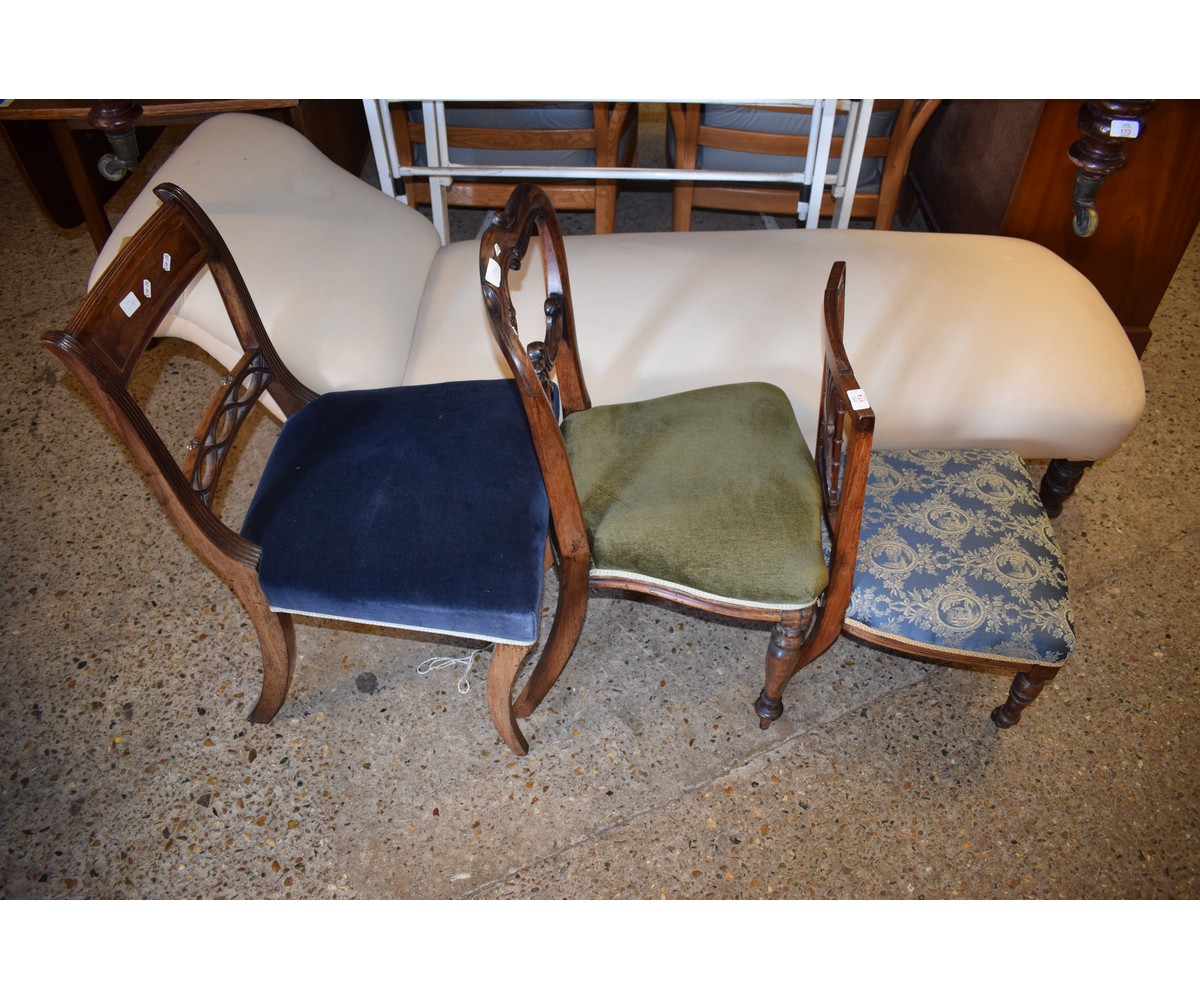 REGENCY BRASS INLAID BAR BACK DINING CHAIR WITH BLUE UPHOLSTERED SEAT TOGETHER WITH A FURTHER
