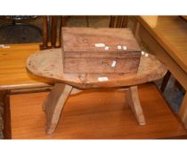 RUSTIC THREE PLANK STOOL TOGETHER WITH A MAHOGANY TABLE TOP BOX (2)