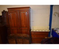 CHERRY WOOD TWO PIECE BEDROOM SUITE COMPRISING A DOUBLE DOOR WARDROBE AND A THREE FULL WIDTH