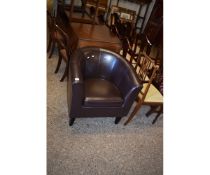 BROWN REXINE TUB CHAIR WITH STITCHED DETAIL