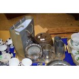 BAG CONTAINING MIXED SILVER PLATED WARES, PEWTER TANKARDS ETC