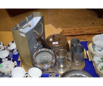 BAG CONTAINING MIXED SILVER PLATED WARES, PEWTER TANKARDS ETC