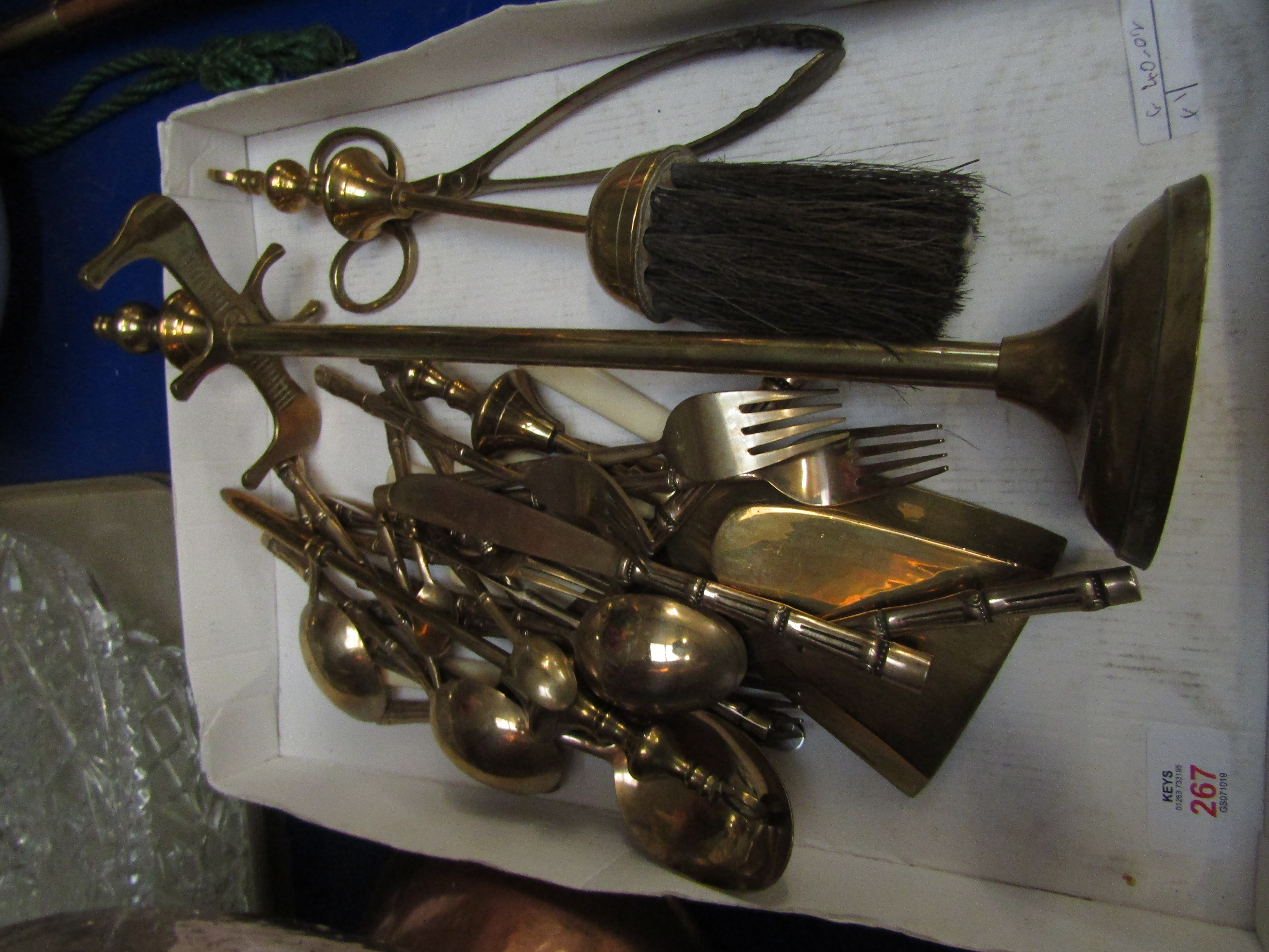 BRASS HAND IRON SET, CUTLERY ETC